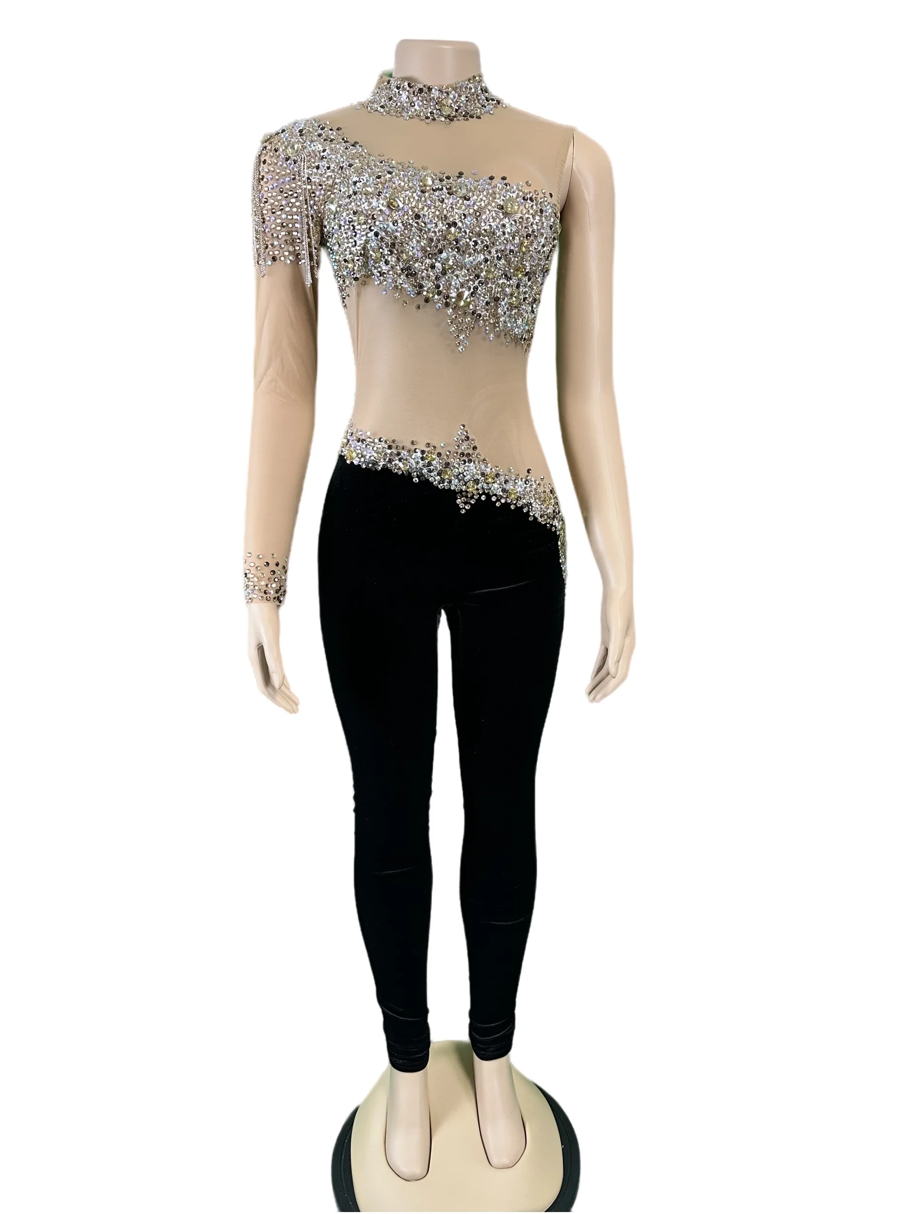 

Women Black Mesh See Through Glitter Rhinestone Sexy Jumpsuits Single Queen Costume DJ DS Wear