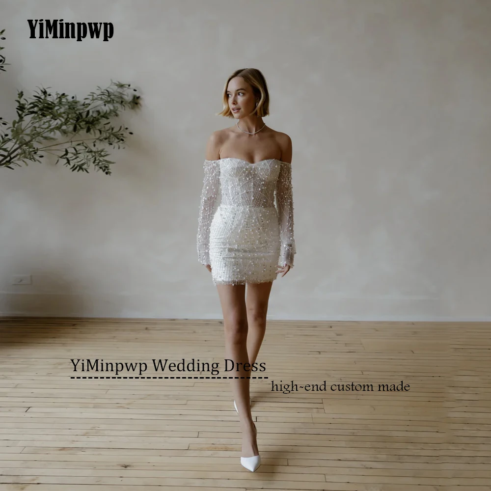 

Beaded Sweetheart Mini Wedding Dresses Women Sheath Strapless Full Sleeve Above-Knee Bridal Gown Vestidos De Novia Customized