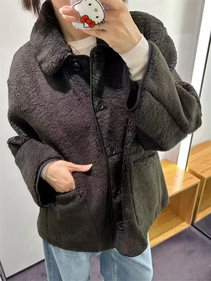 Fashion Women Lamb Furry Coat Autumn Winter Long Sleeve Single-Breasted Ladies Solid Color Jacket with Pockets