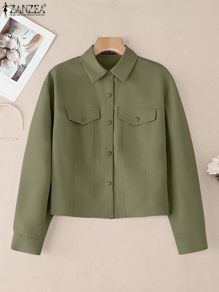

ZANZEA 2025 Осенние короткие куртки женские с длинным рукавом с отложным воротником на пуговицах легкая куртка повседневная женская одежда 4 цвета