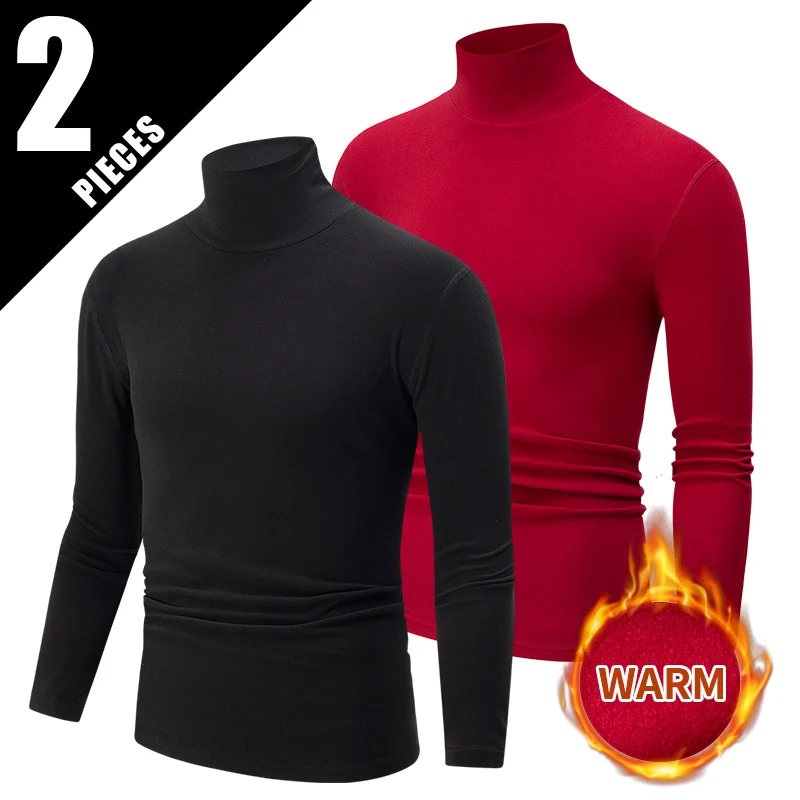 

2piece Autumn And Winter Men's And Teenagers' Brushed Thick Solid Color High Neck Top Fashionable Warm Long Sleeved Base T-shirt
