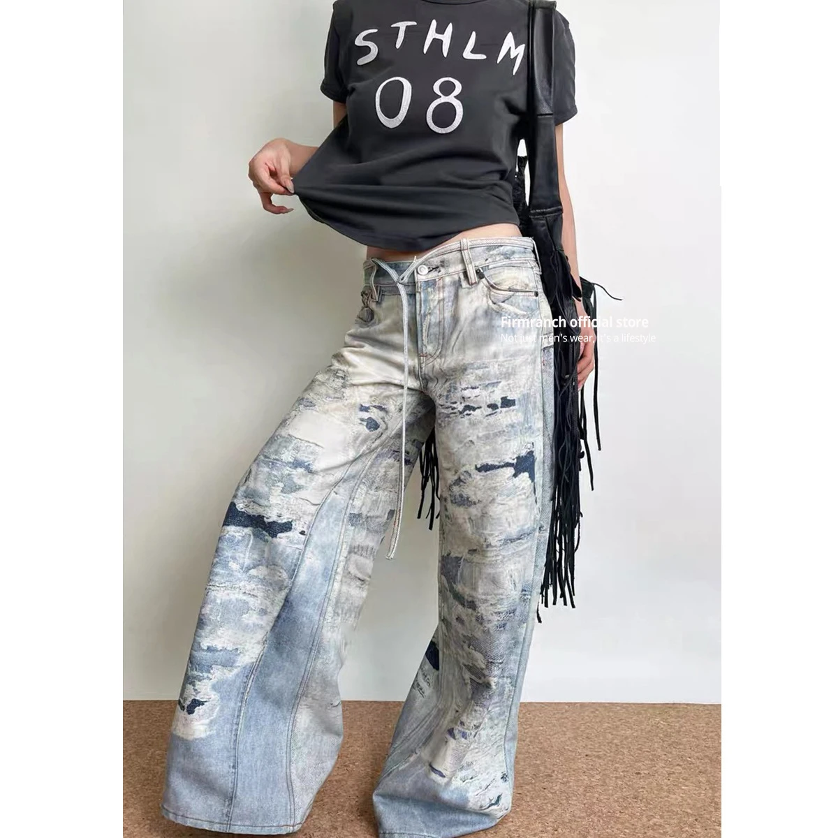 Firmranch Spring Summer Autumn 2024 3D Print Graffiti Jeans For Men AC Further Dirt Style Wide Leg Denim Pants High Street Wear