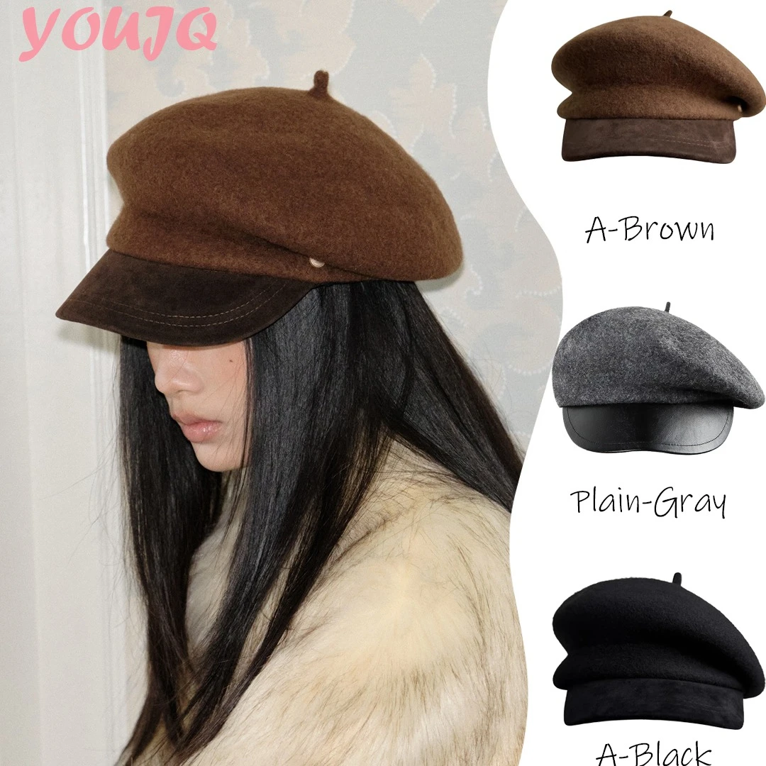 

French Simple Solid Color Wool Felt Beret Hats for Women Dome British Octagonal Brimless Hat Female Art Painter Cap Boinas Gorra