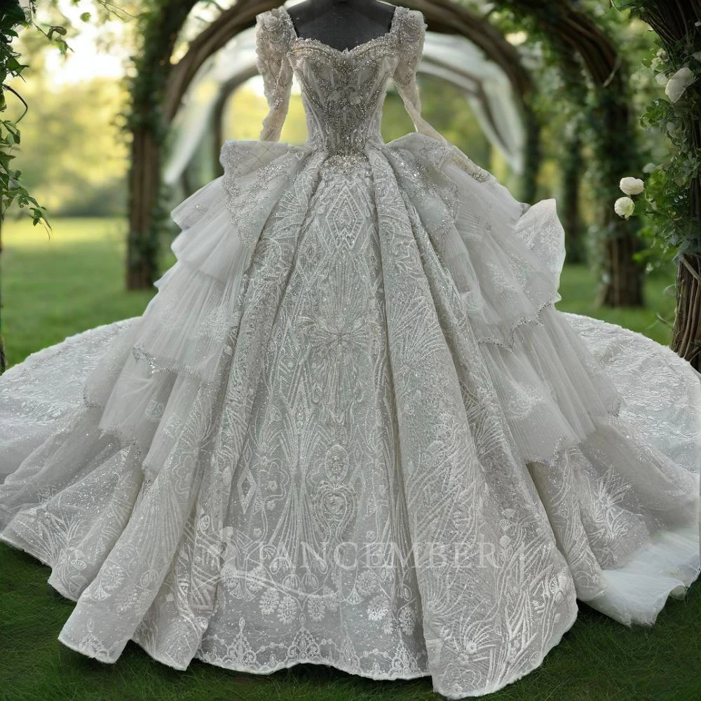 

Jancember 2025 New Luxury Wedding Dress Lace Square Collar Bridal Dress Ball Gown Vestido De Noiva With Court Train MN242
