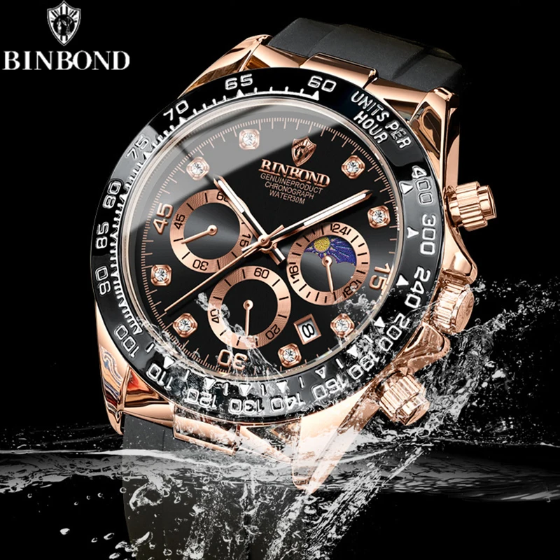 BINBONG Quartz Watch for Men Silicone Strap Moon Phase Date Chronograph Dial Waterproof Sports Fashion Business Men\'s Wristwatch