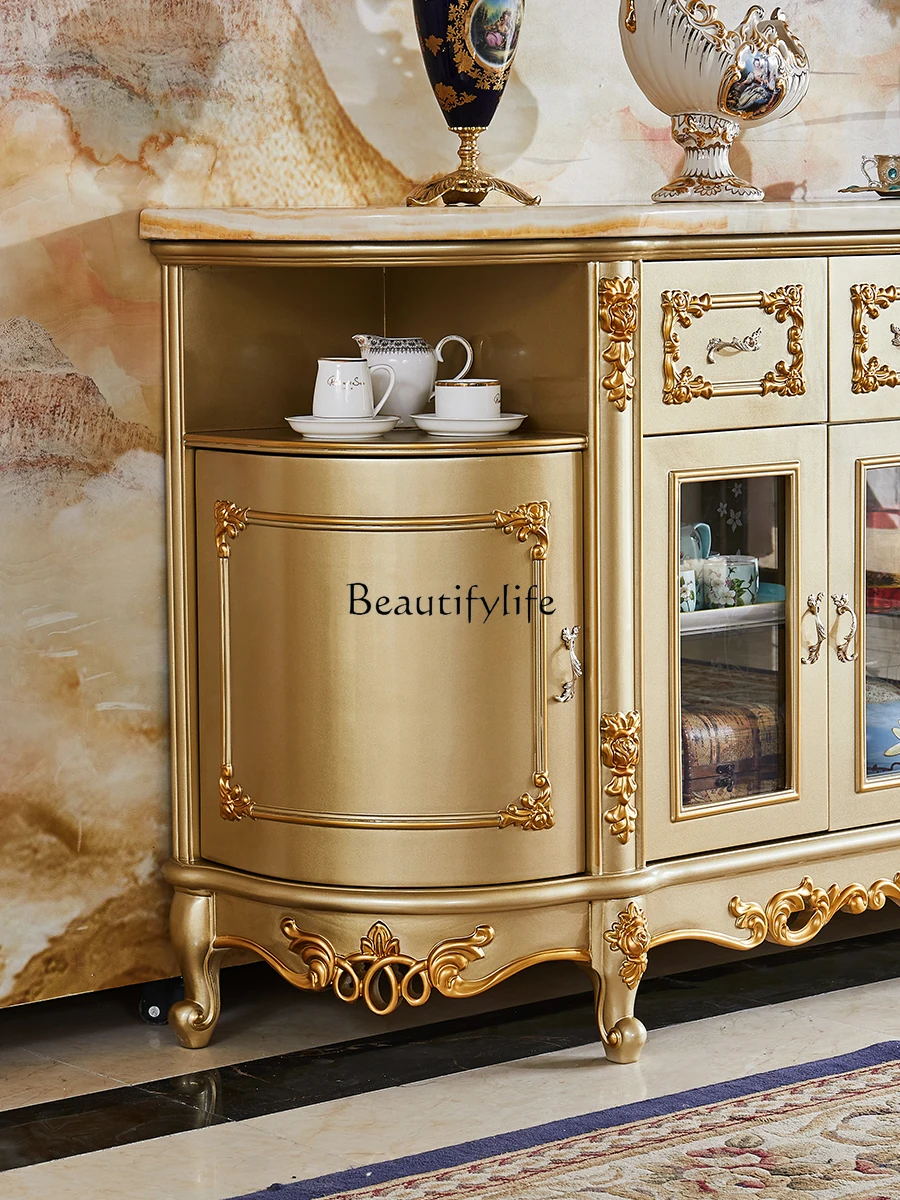 European-Style Marble Sideboard Cabinet Solid Wood Dining Room Locker Hallway Living Room Hallway