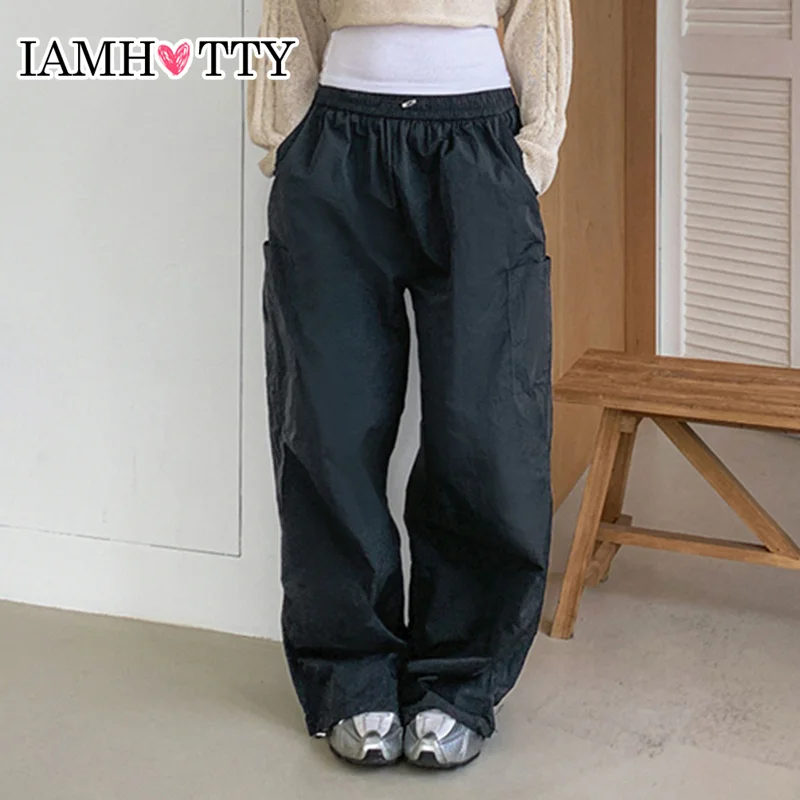 

IAMHOTTY Drawstring Elastic Waist Parachute Pants Dark Blue Wide Leg Sports Trousers Casual Basic Loose Leg Sweatpants Jogging