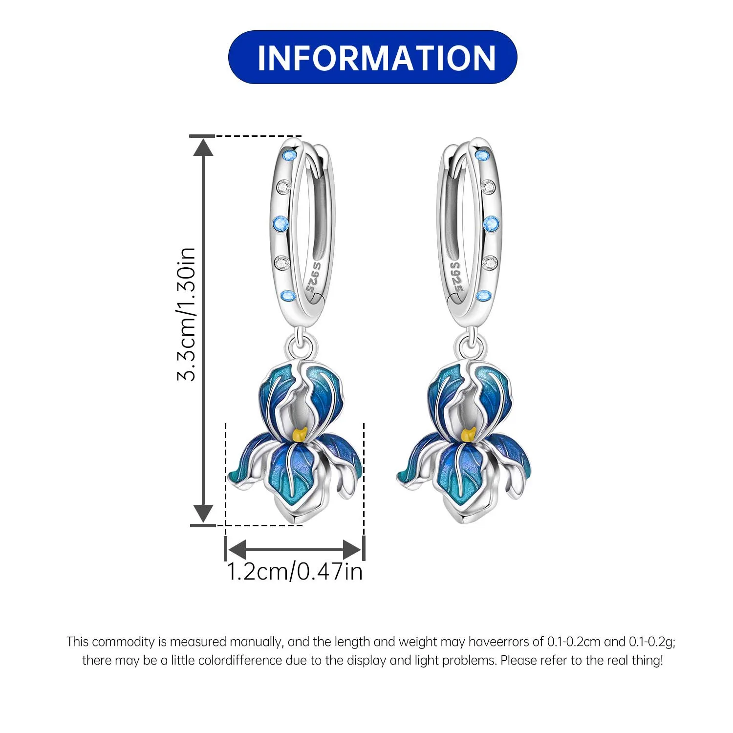 Cycuff 925 فضة الأزرق زهرة القزحية أقراط المجوهرات الأصلية انخفاض الأقراط مجوهرات هدايا المناسبات الطرفية #6