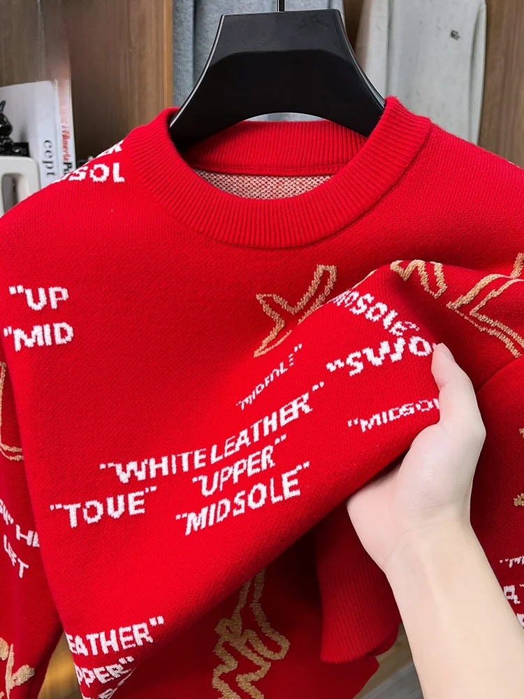 

Rn мужской теплый круглый вязаный свитер Thiened Ne, новогодняя одежда для пар, красный модный трикотаж Luy Year