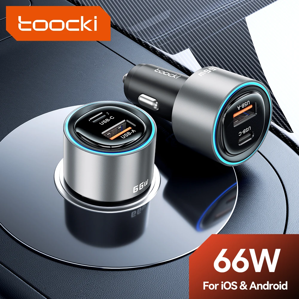 Автомобильное зарядное устройство Toocki 66W USB Type-C с быстрой зарядкой PD 30W SFC PPS для iPhone 17 16 15, Samsung Galaxy S26 S25, Xiaomi, Huawei