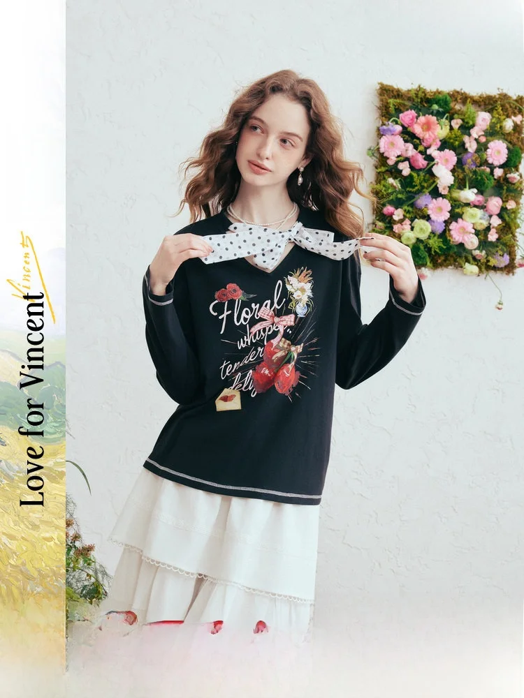 

Женская футболка с круглым вырезом и бантом, принт в горошек, хлопок, винтажный стиль, повседневная, свободный крой, длинный рукав, коллекция «Артистичная весна 2026»