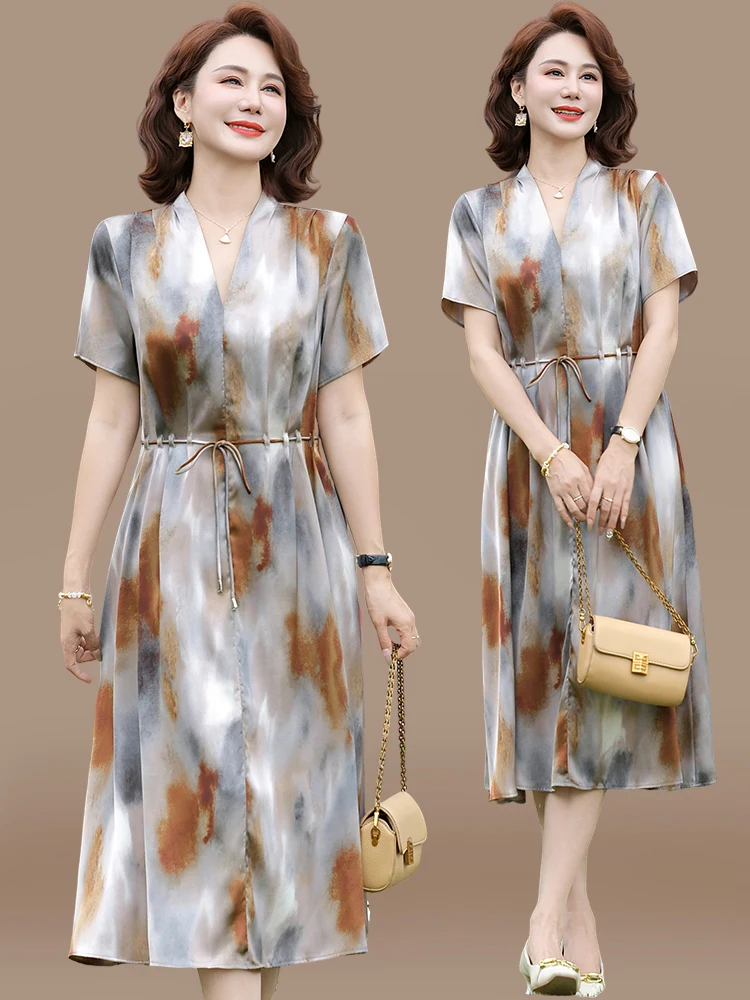 

Elegant Summer Dress for Mom Short Sleeve Chiffon Midi Skirt Women's Fashionable Mid-Aged And Elderly Clothing V-Neck Long Dress