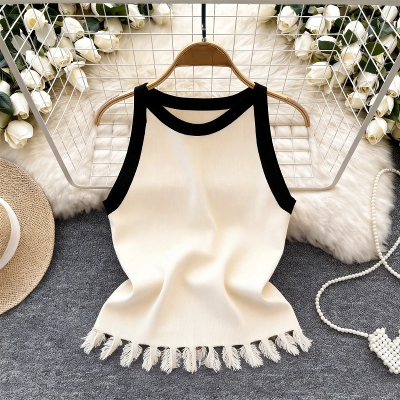 Black Contrast Trim Fringe Hem Crop Tank Women's Clothing Sleeveless Crew Neck Stretchy Knit Casual Summer Streetwear Cami Top