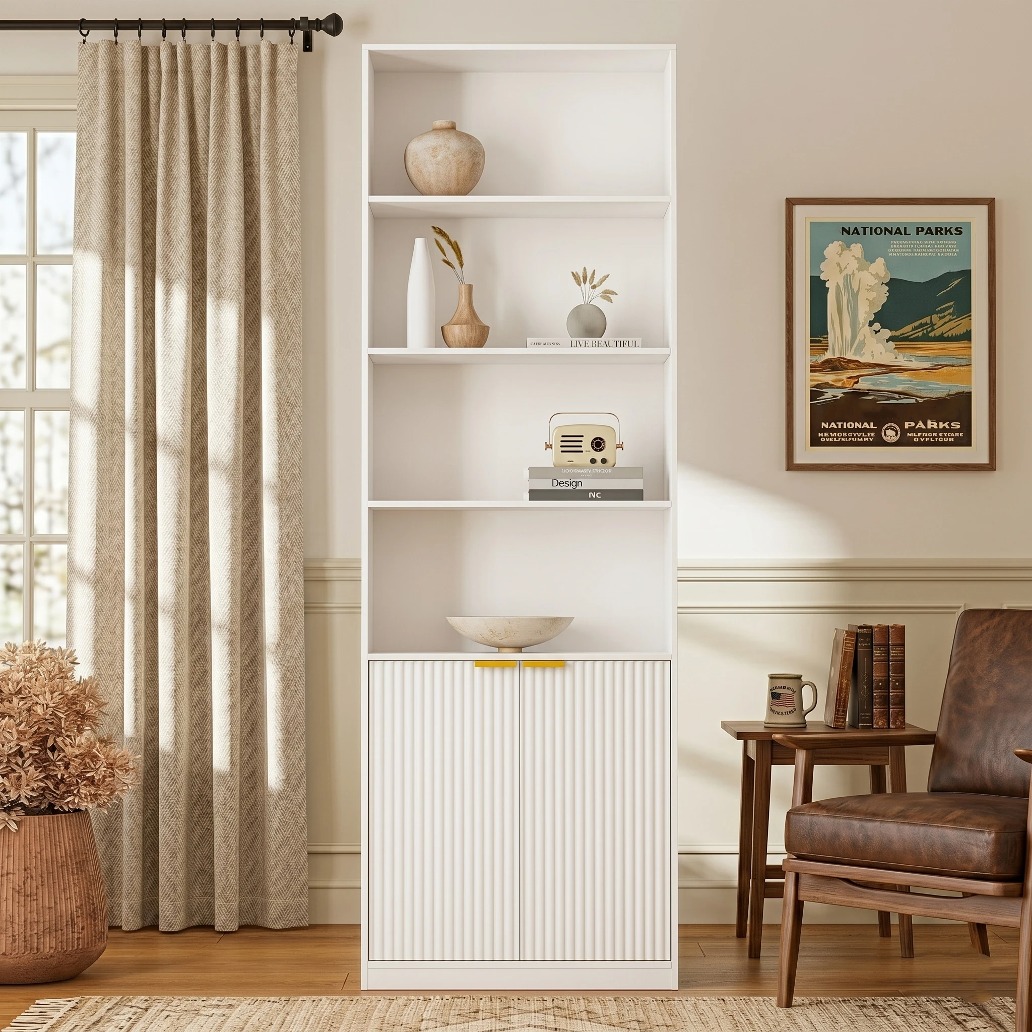 

72" Tall Bookshelf with Fluted Doors, 6-Tier Modern Bookcase and Storage Cabinet, Display Shelves with Anti-Tip Kit for Living R