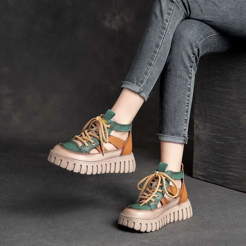 Careaymade-Thick Soled Hollow Hole Sandals Women's Sponge Cake Shoes,Summer Color Blocking Retro Bag Toe Roman Sandals comfort