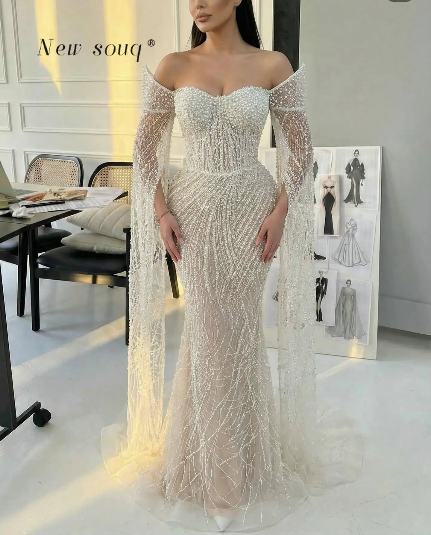 

Dubai Arabic Off Shoulder Sweetheart Neck Pearls Beaded Mermaid Evening Dresses Customized Formal Wedding Reception Party Gowns