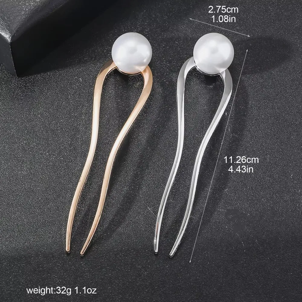 Big Pearl U Shape Hair Stick for Women Elegant Shell Enamel Hairpin Female Headwear Gifts Fashion Hair Accessories Silver Golden