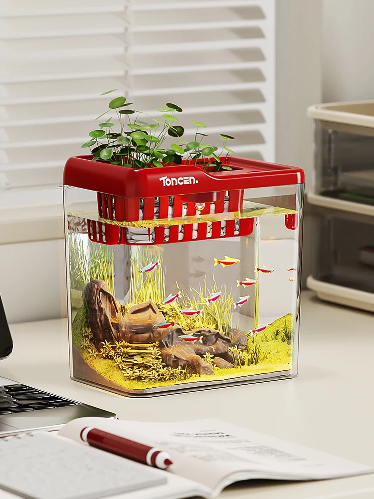 Small Desktop Fish Tank Transparent with Lid And Light for Bedroom Office Living Room Study Aquarium for Goldfish And Tropica...
