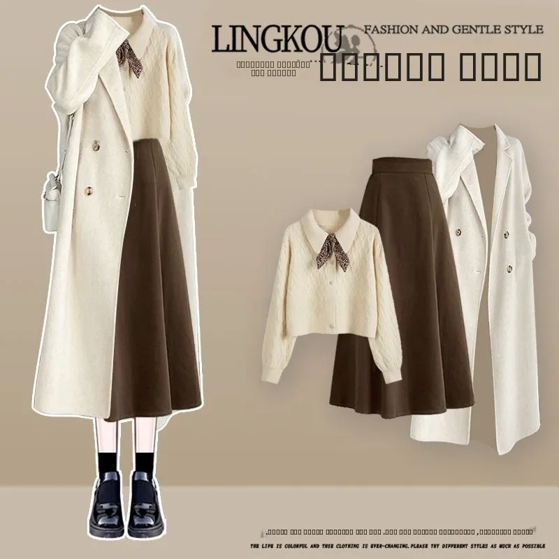 

Весенне-осенний карьерный женский костюм большого размера, вязаный свитер с узлом, юбка с высокой талией, модное пальто