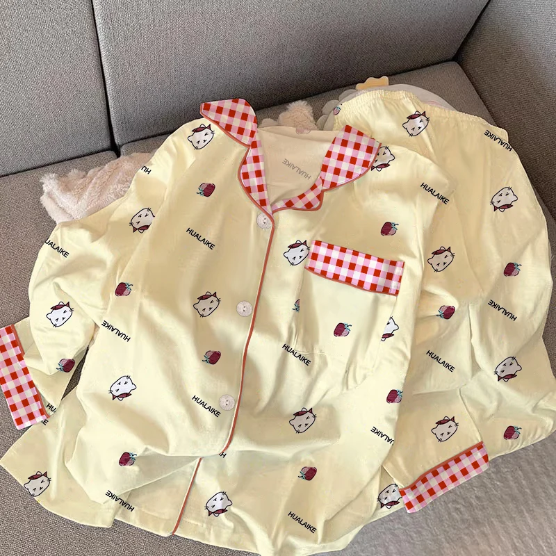 

Клубника ​ ​ Женский пижамный комплект с принтом «Hello Kitten», новинка 2025, весенне-осенняя домашняя одежда, одежда для дома с длинными рукавами, милый костюм для сна ​