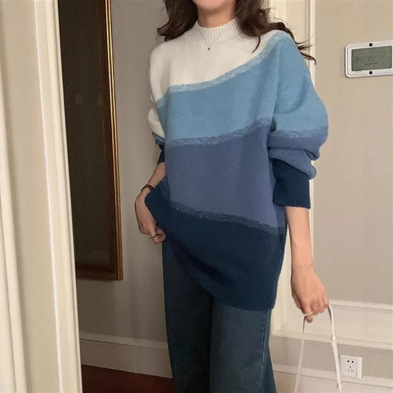 الكورية نمط لينة شمعي الجولة الرقبة متماسكة سترة المرأة البلوز 2025 الخريف/الشتاء تصميم جديد غير رسمي فضفاض كسول محبوك