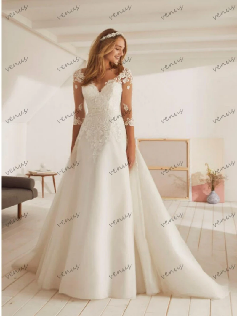 Eleganti abiti da sposa a-line abiti da sposa in raso Appliques in pizzo mezze maniche abiti lunghi fino al pavimento per abiti da festa De Novia