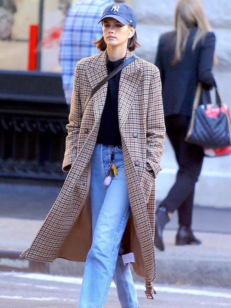 Elegante Abrigo Midi de Tweed a Cuadros con Cintura Ajustada, Estilo Kaia Gerber, Traje de Negocios para Mujer, Abrigo de Man...