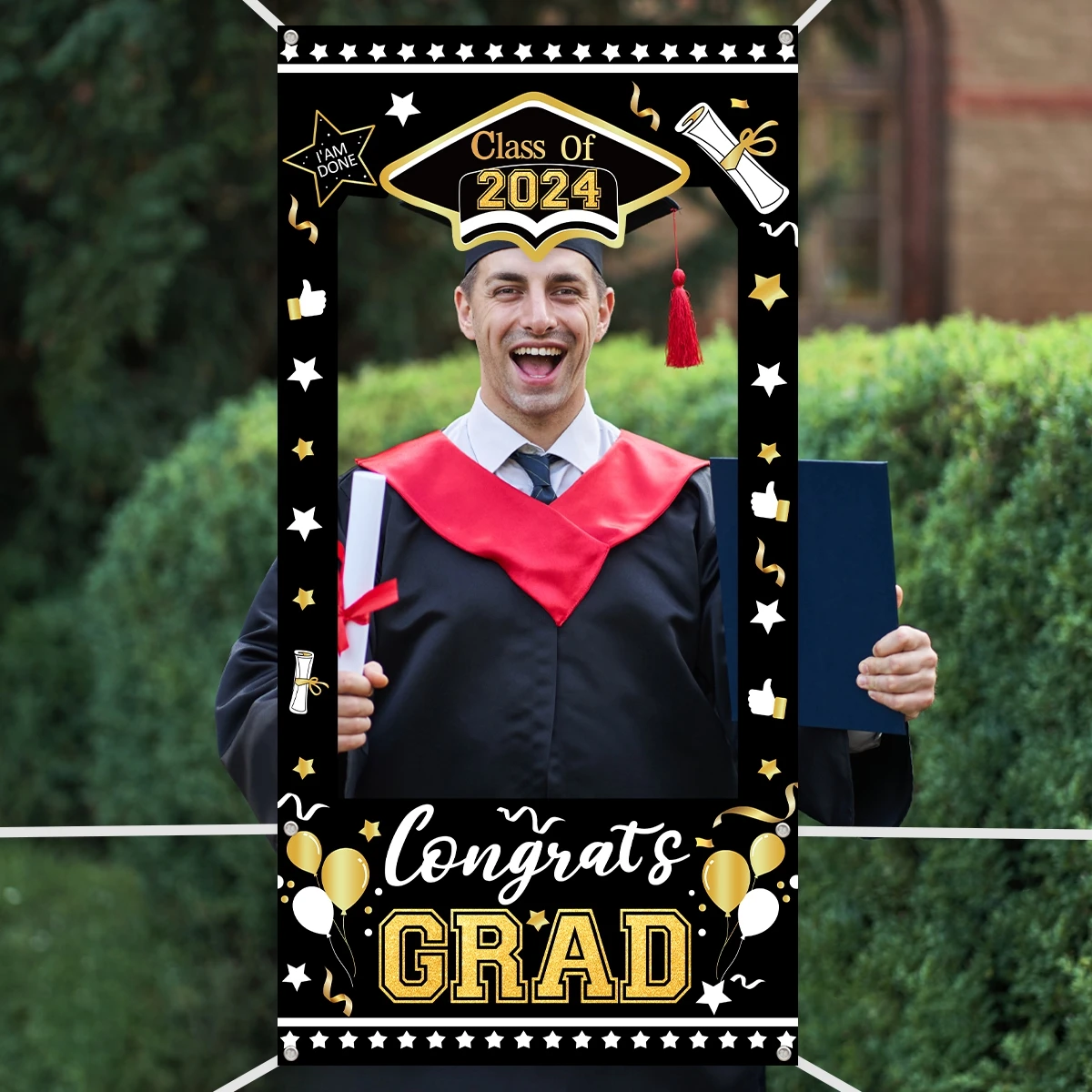 Black Gold Graduation Cloth Photo Booth Props Frame Class of 2024 Graduation Season Party Decorations Grad Favors Supplies