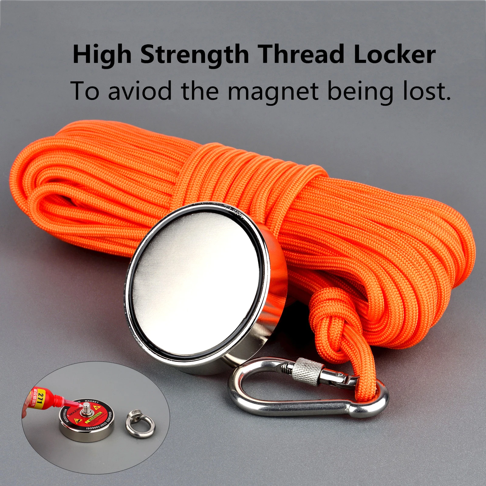 Strong Fishing Magnet Kit 150KG/220KG/300KG/450KG/500KG Heavy Duty 49feet Rope Gloves Locking Carabiner,Threadlocker