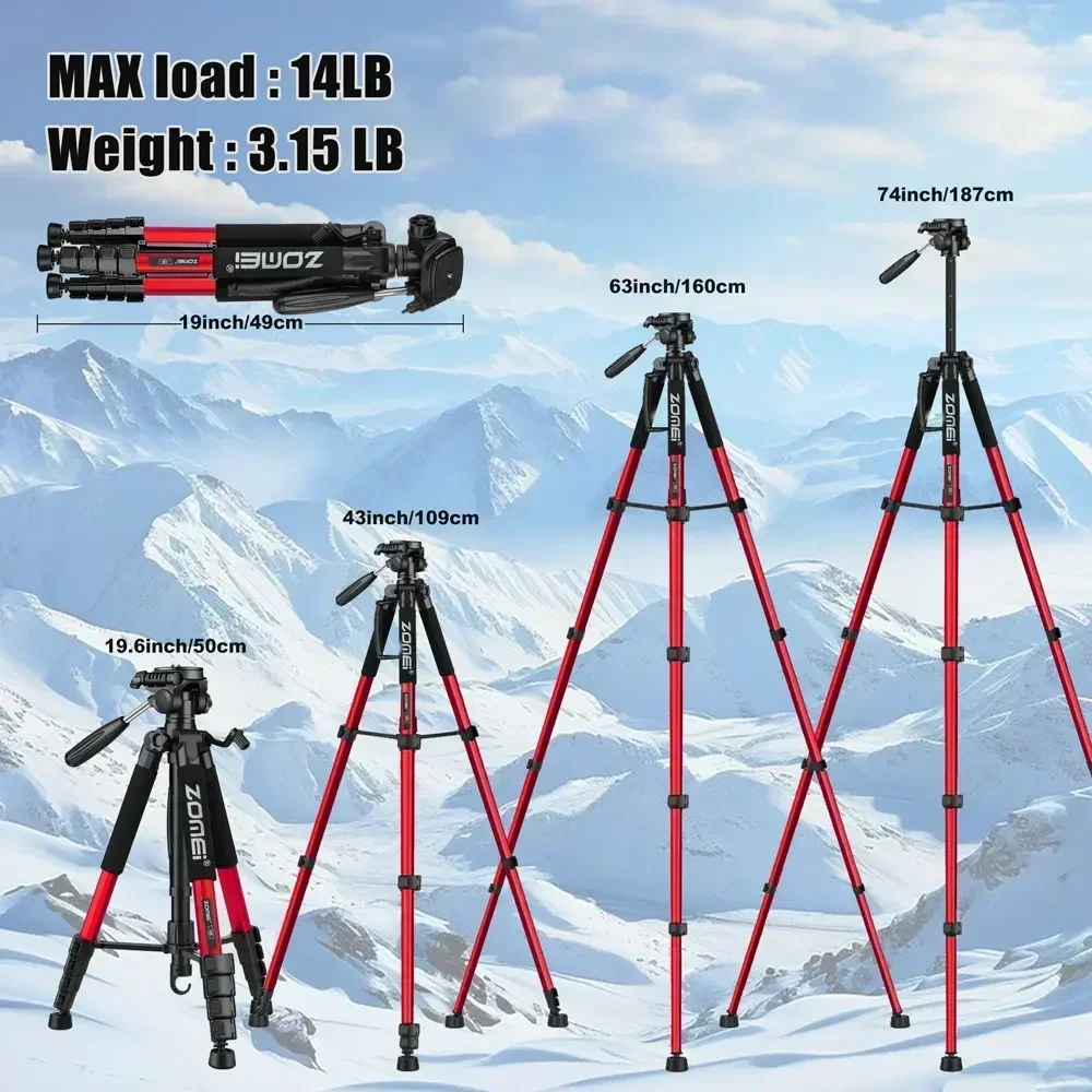 ZOMEI Q188 73.64 inch/187cm Camera Tripod Lightweight Adjust-height Travel Tripod with 360° Pan Head Quick Release Plate