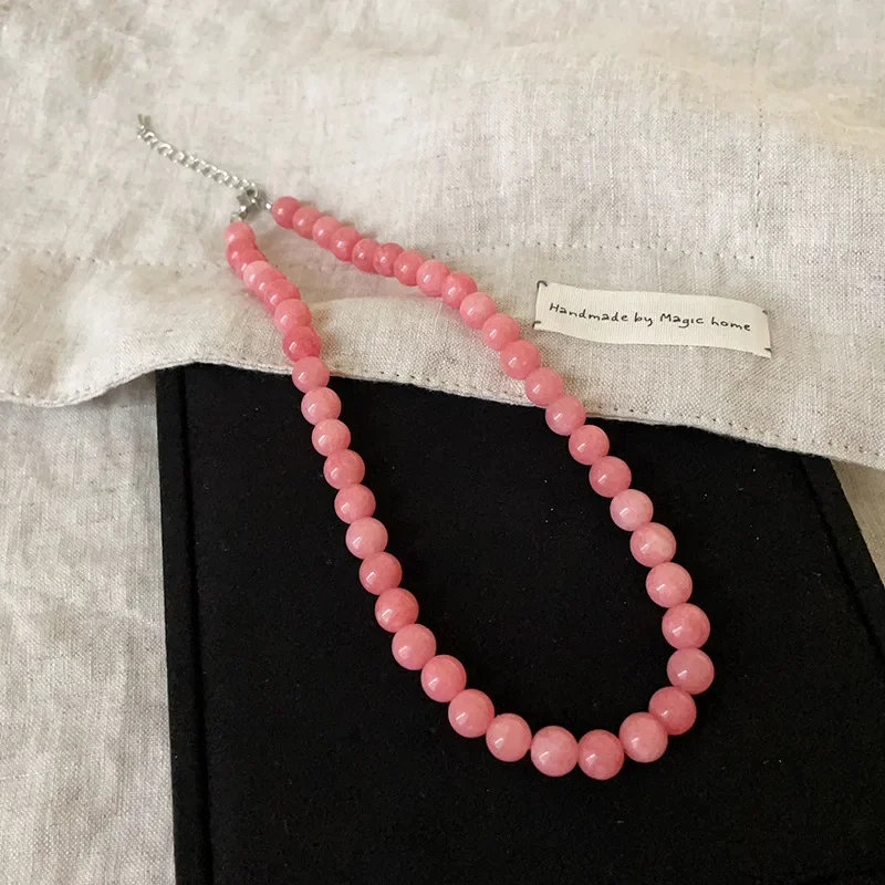 Minar Exquisite 4 6 8mm Pink Color Round Natural Stone Beaded Necklace for Women Handmade Silver Plated Chain Strand Chokers