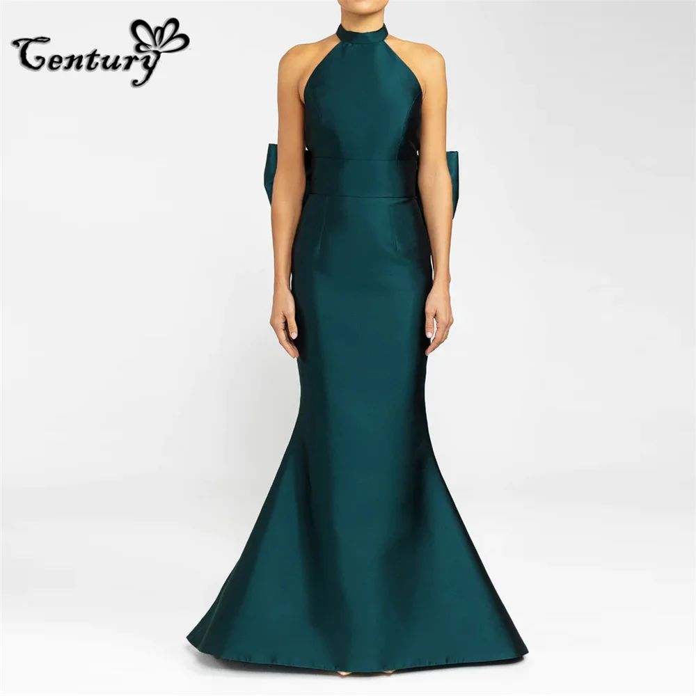 

Teal Prom Dress Mermaid 2024 Long Evening Party Gowns Big Bow Halter Neck Satin Formal Dresses Robe De Soiree Customized