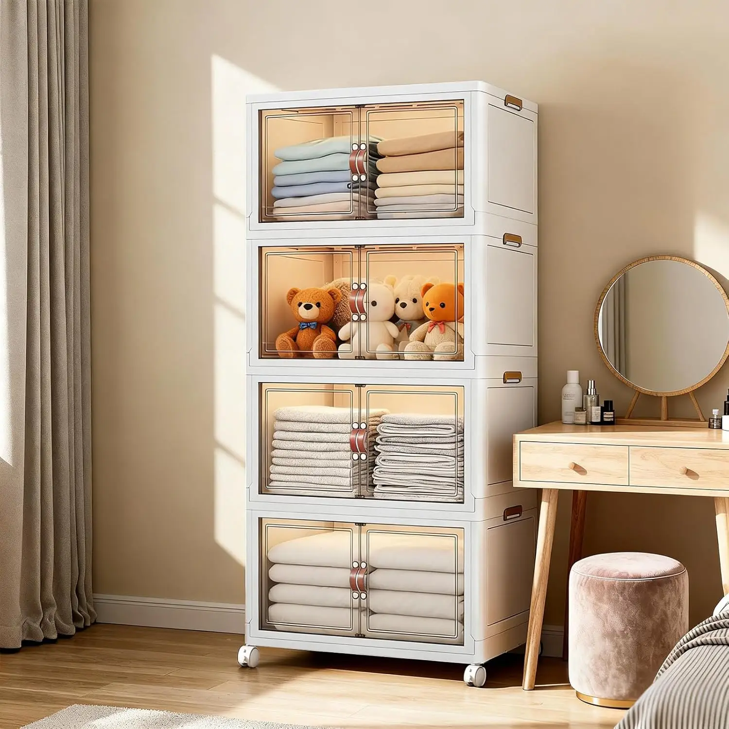 

White 320 QT Large Stackable Storage Cabinet, 4-Tier Collapsible Storage Bins with Magnetic Doors & Wheels, XX-Large Plastic Org