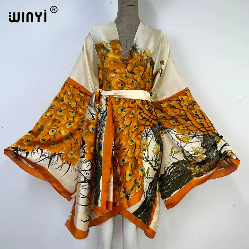 WINYI 2023 new Africa Summer print Women Cardigan stitch robe Cocktail sexy Boho loose Holiday long Sleeve Silk kimono with belt