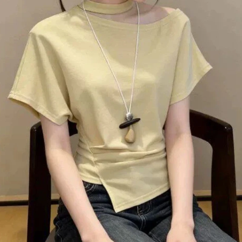Short Sleeve Irregular Hollow Out Off Shoulder Sexy Tops Summer Pleated Simplicity Trend T Shirts Fashion Korean Women Clothing
