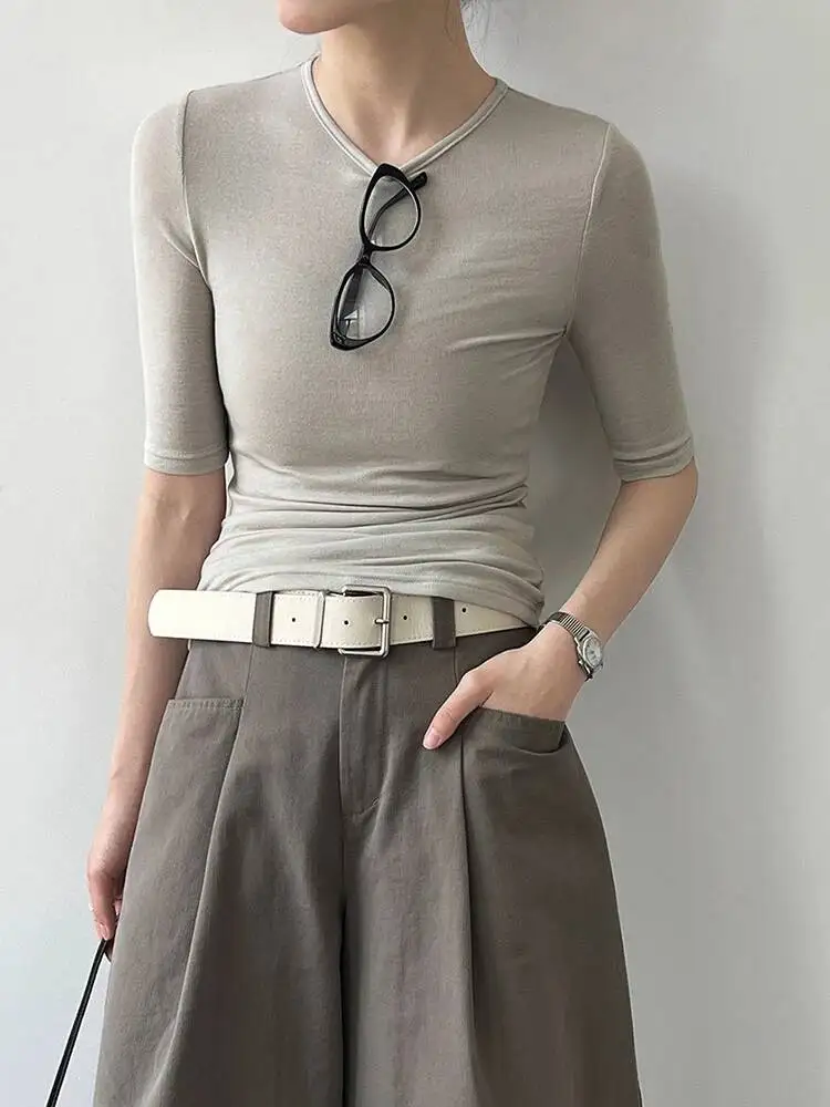 Women Gray White Brief Thin Elegant Slim T-shirt New Round Neck Half Sleeve Fashion Tide Spring Summer