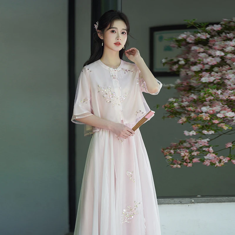 

New Chinese Style Embroidered Top And Skirt Set Daily Wear Women's Modified Hanfu Summer Fashion Traditional Ethnic Clothing