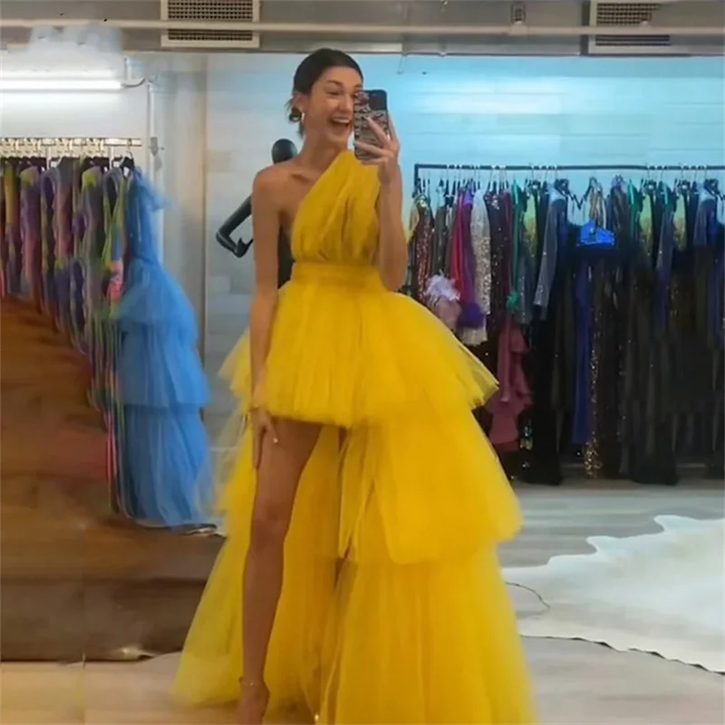 

Yellow Net Formal Dresses One Shoulder Party Dresses for Wedding Tiered Layer A Line Special Occasion Dresses Customized