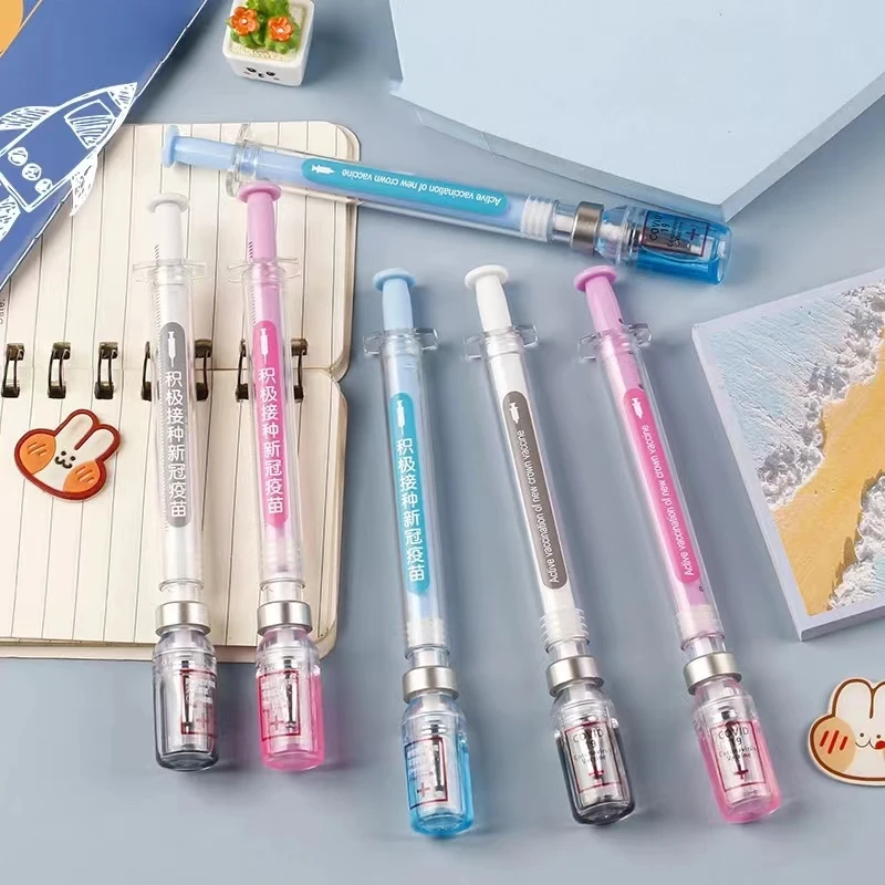 6Pcs Syringe Gel Pen Simulation Eliminates Injection Syringe Shape Ballpoint Pen Black Signature Pen Simulation Vaccine Pens