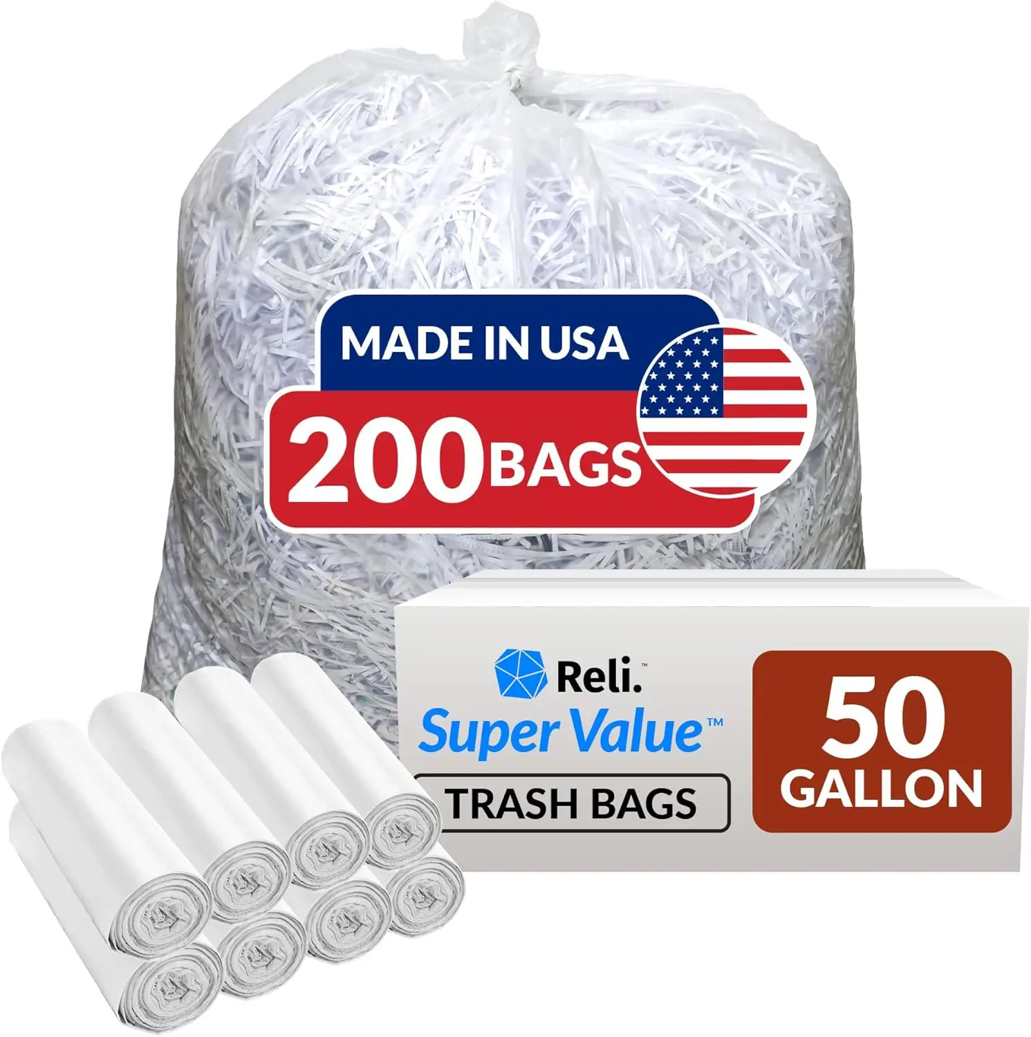 

Premium 50 Gallon Heavy Duty Trash Bags, 200 Count, Made in USA, Clear Multi-Use Garbage Bags for Bulk Value