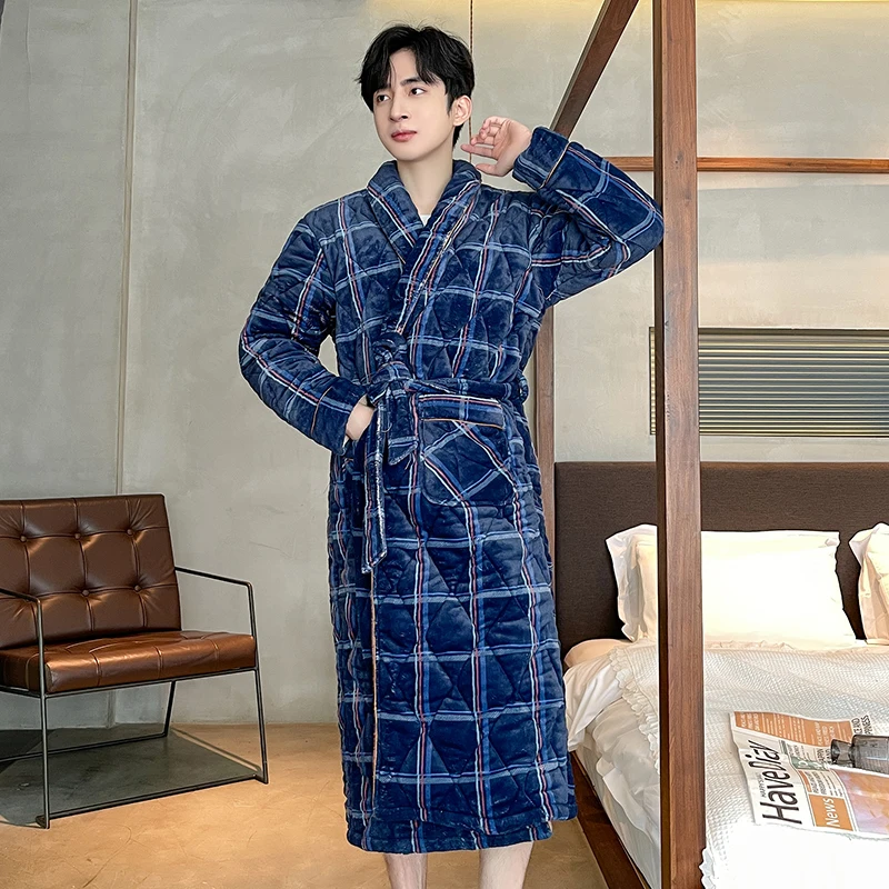 ขนาดใหญ่ L-4XL ผู้ชาย Robe ฤดูหนาว Robe 3 ชั้นผ้าฝ้ายเสื้อชายลายสก๊อต Robe