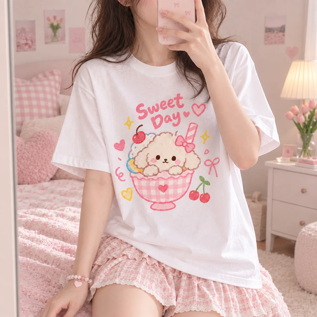 Women T-Shirt 100% Heavyweight Cotton Y2K Oversized Cute Puppy Ice Cream Bowl Print Casual Streetwear Breathable Tee For Girls
