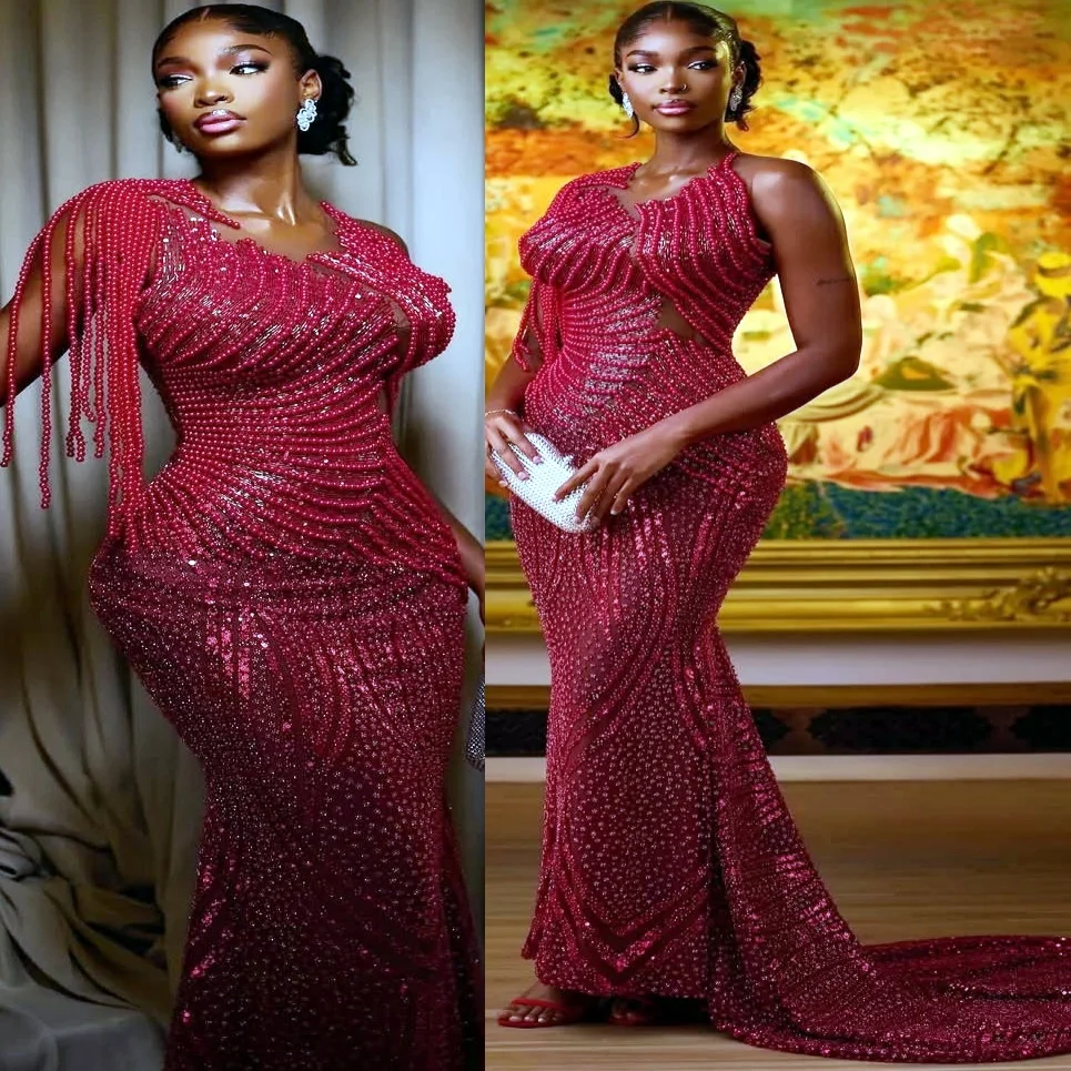 

Mermaid Fuchsia 2026 Prom Dresses Pearls Illusion Sheer Neck Sequined Evening Formal Party Birthday Gowns Dresses ZJ200