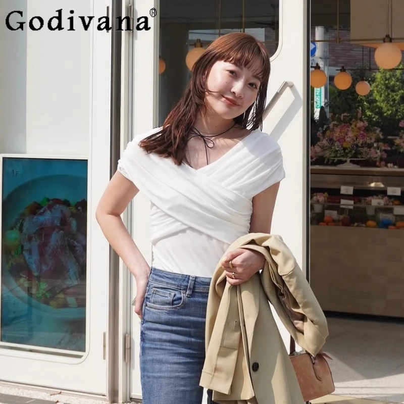 

Japanese Style Fashion V-Neck Off-Shoulder Fashion T-Shirt Summer Women's Slim Fit Elegant Stretch T-Shirt Lady Daily Basic Tops