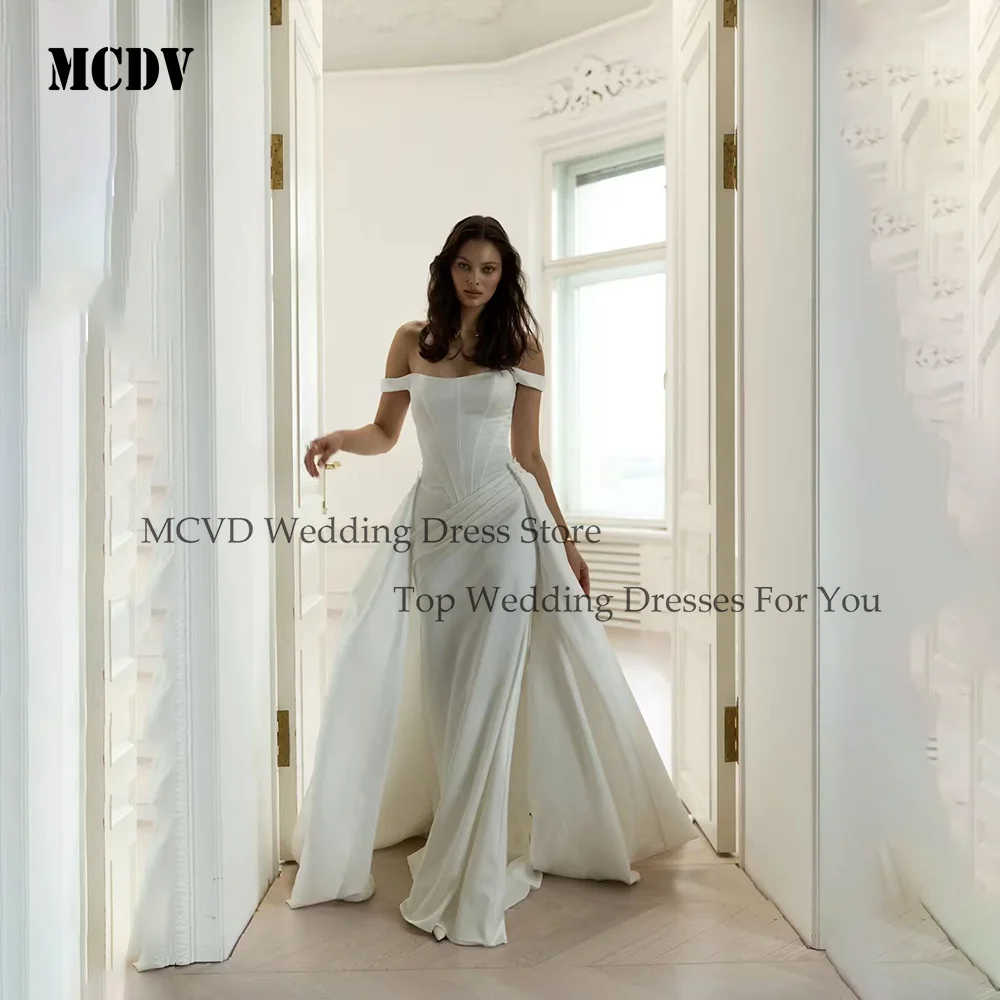 

MCDV Simple 2 In 1 A Line Wedding Dresses Charming Off Shoulder Bride Gowns Boat Neck Satin Vestidos Novias Boda Customized