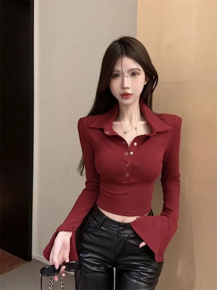 Slim Polo Neck T Shirt for Women Red Sexy Crop Top Spring Autumn Woman Tshirt Button Original with Collar Y2k Fashion Pulovers