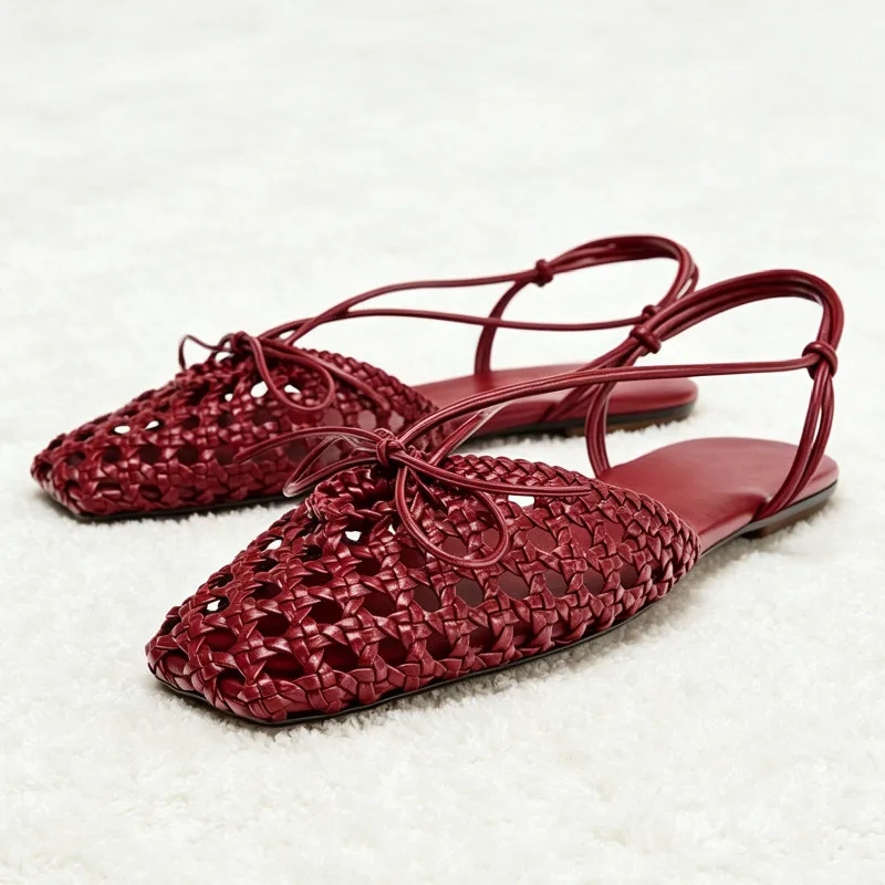 Sandalias Planas Trenzadas de Lujo para Mujer, con Detalle de Lazo, Punta Cuadrada, Diseño Slingback, Estilo Urbano, Cómodas, para Verano