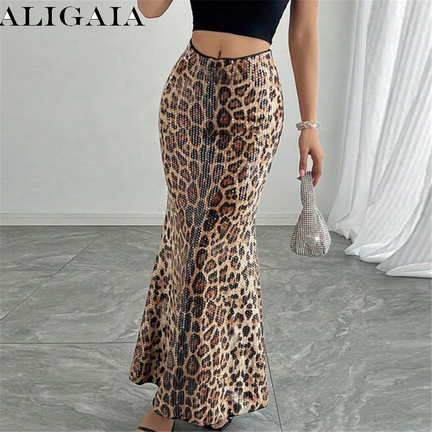 2026 Spring Leopard Print Sequins Skirt for Women New Fashion Versatile Elegant Bead Patchwork Long Dress Streetwear Female