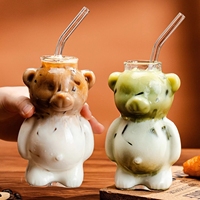 1/2PCS Cute Glass Bear Cups with Straw Coffee Milk Mugs Cocktail Beverage Juice Cup Drinks Glassware Christmas Birthday Gifts