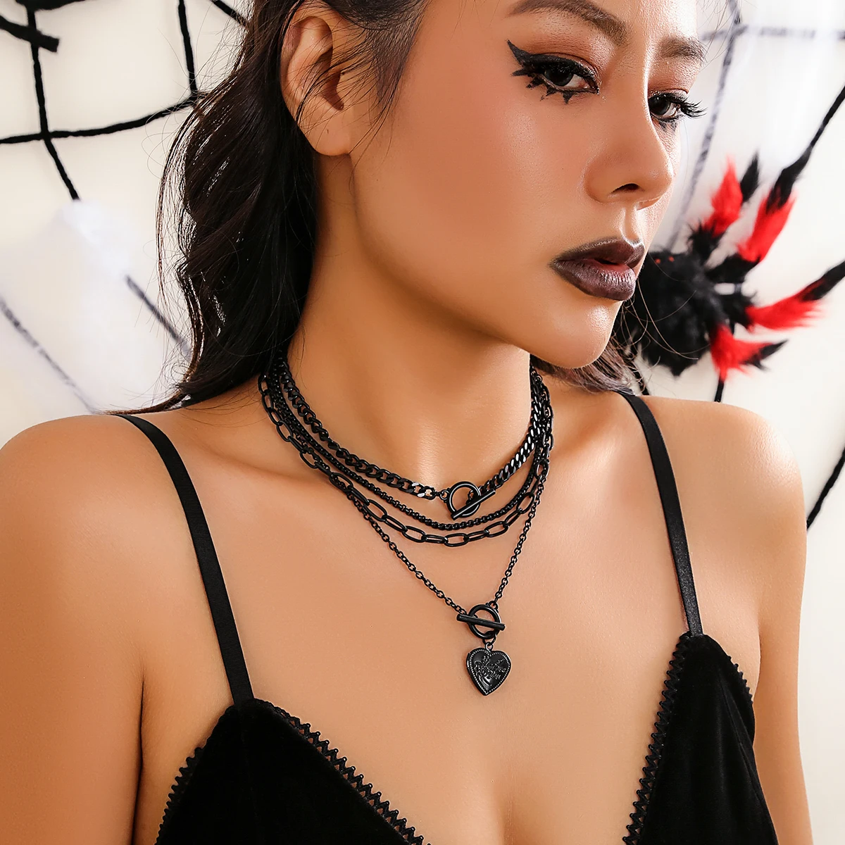 IngeSight.Z Gothic Multilayer Black OT Buckle Peach Heart Pendant Necklace Set  Women Punk Cuban Link Clavicle Chain Halloween